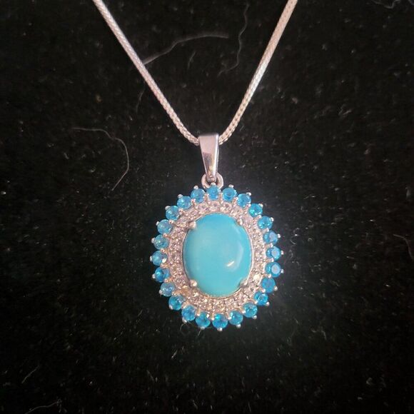 Sleeping Beauty Turquoise and Multi Gemstone Double Halo Pendant Necklace - Picture 2 of 8